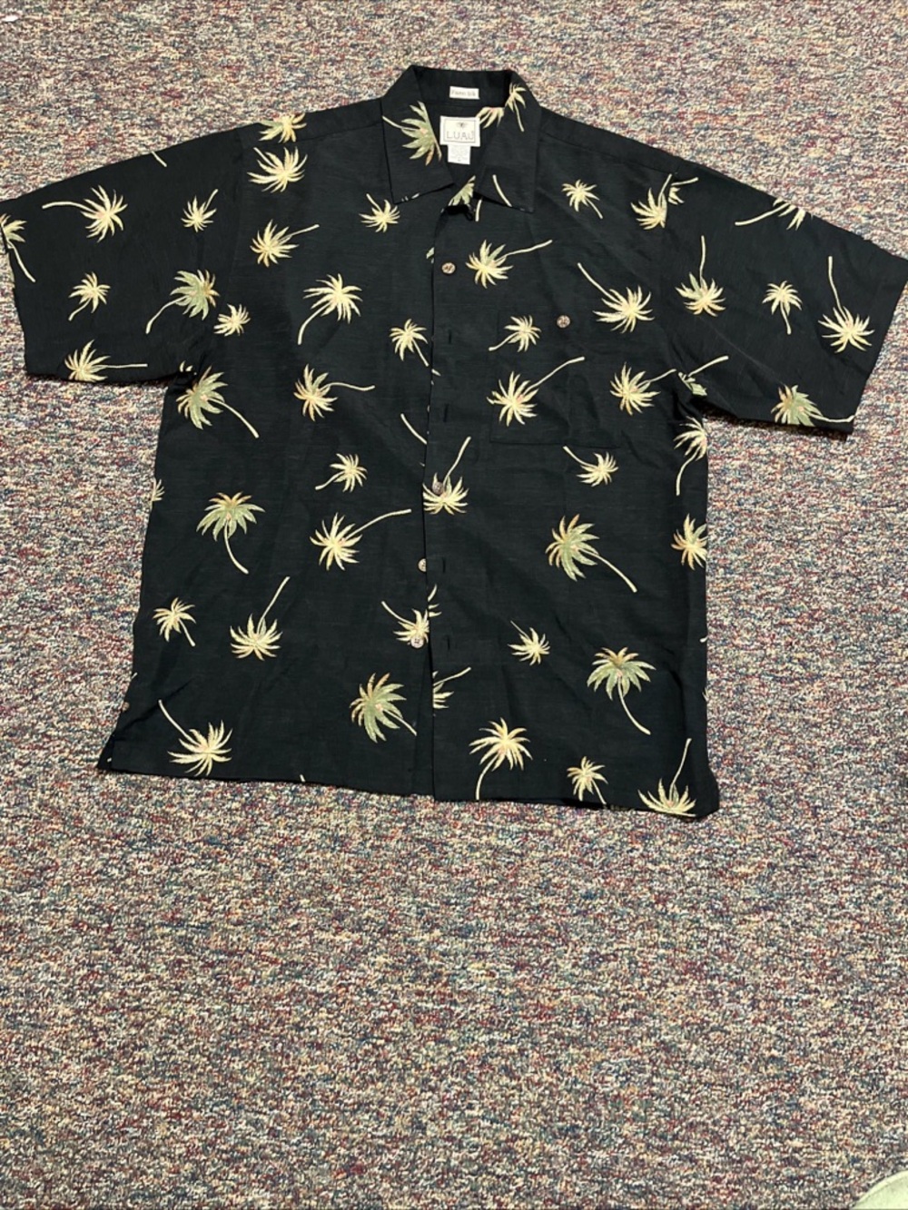 Luau Mens Black 70% Silk  Hawaii Palm Trees Embroidery Button Down Shirt Medium